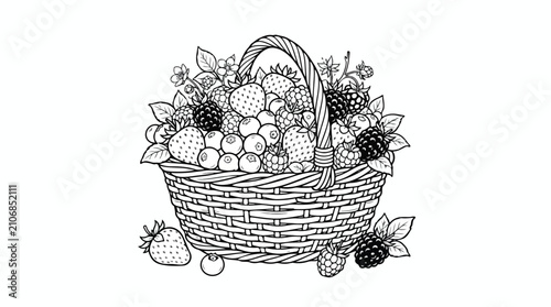 Fotografie Vintage berry basket illustration, hand drawn wicker hamper with strawberries an