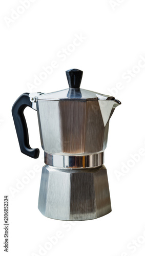 Isolated classic silver metallic octagonal moka pot for brewing rich espresso coffee