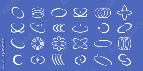 Y2K Retro Futuristic Orbital Icon Set with Neon Wireframes.