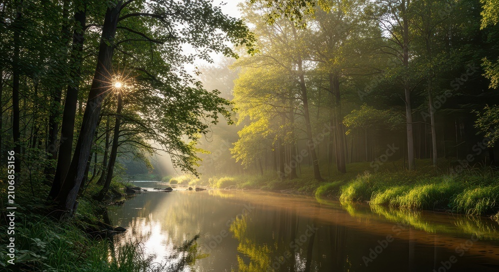 Fototapeta premium Serene forest river scene with sunlight filtering through trees. Tranquil nature landscape for outdoor and environmental themes.