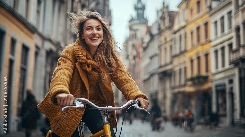 Naklejka premium Woman riding bicycle city street