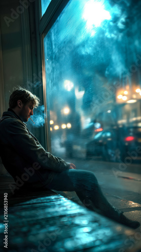Pensive man smoking, gazing out into city night