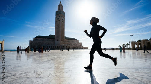Woman Running Past Hassan II Mosque in Casablanca