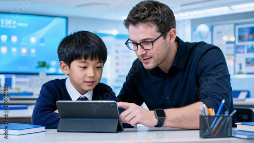 Teacher Mentoring Young Asian Boy Using Digital Tablet in Modern High-Tech Classroom