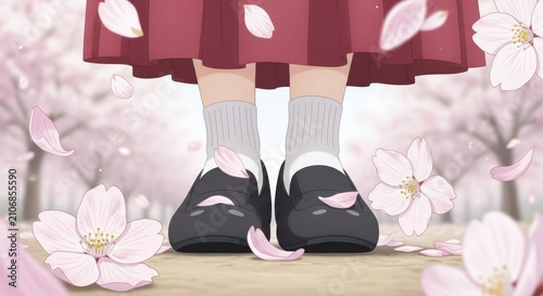 girl feet in shoes standing on road with cherry blossoms