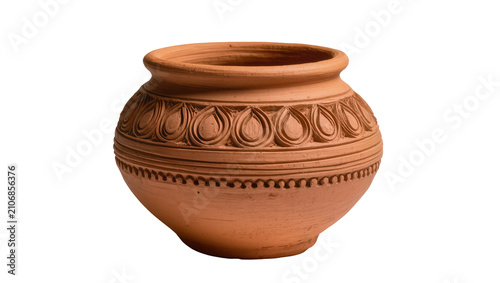 Quadro su tela Isolated traditional handmade terracotta clay pot with intricate ethnic carved p