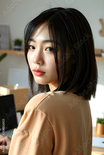 Young asian woman with shor...