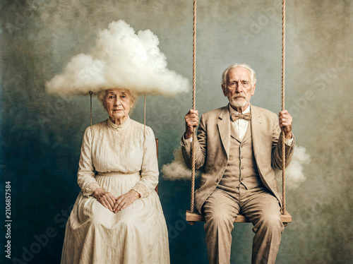Couple de retraité faisant de la balançoire  avec des nuages