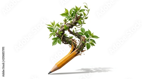Wooden pencil transforming into a growing green plant with leaves on white background symbolizing sustainable education and eco friendly creative growth