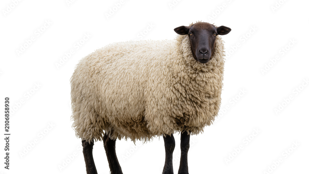 Fototapeta premium Isolated sheep with thick fluffy wool and dark face standing looking directly at camera