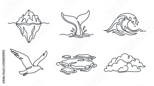 Photos Minimalist Line Art: Ocean and Arctic Icons - Iceberg, Whale Tail, Wave, Seagull