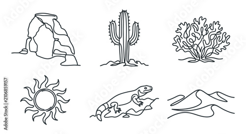 Bild auf Leinwand Desert Landscape Icons: Cactus, Lizard, Sun, Rocks, Bush, Dunes
