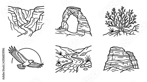 Cuadro en lienzo Nature Landscape Icons: Arch, Canyon, Eagle, Desert Plant, River, Rock Formation
