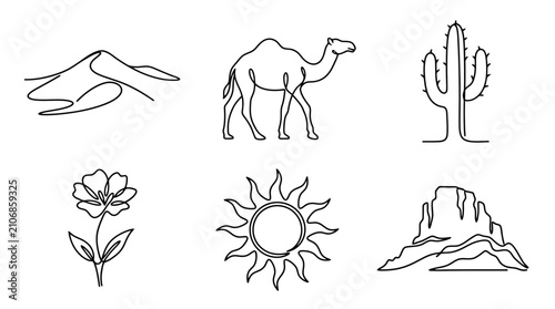 Foto Desert Landscape Elements: Camel, Cactus, Dune, Flower, Sun, Mountain - Line Art