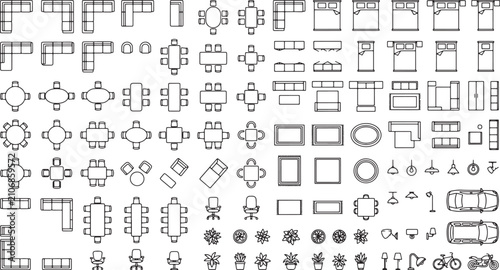 Architectural floor plan furniture symbols set including sofas tables chairs beds and plants in vector format