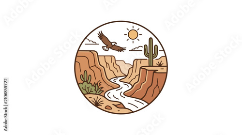 Bild auf Leinwand Desert Canyon Landscape with Eagle, Cactus, and River - Line Art Illustration