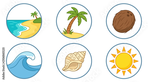 Foto Tropical Beach Icons: Palm Tree, Ocean Wave, Seashell, Coconut, Sun, Sandy Shore