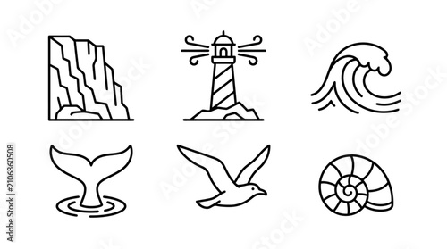 Canvastavla Nautical Icons Set: Cliff, Lighthouse, Wave, Whale Tail, Seagull, Seashell Outli
