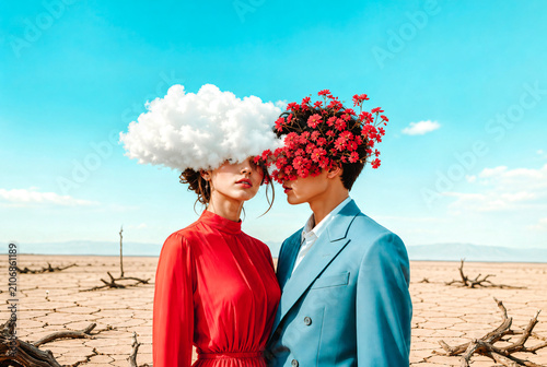 Homme avec des fleurs devant le visage, femme avec un nuage devant le visage, dans paysage désertique