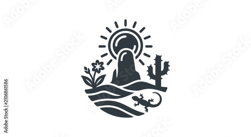 Obraz na płótnie Desert Landscape Emblem with Sun, Cactus, Lizard, and Flower