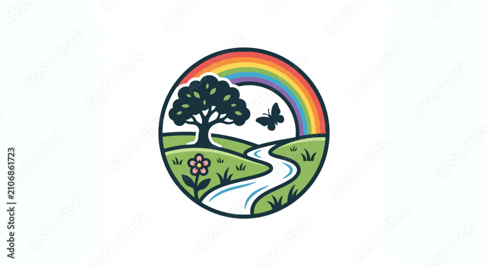 Obraz premium Vibrant nature landscape circle logo with rainbow, tree, river, flower, and butterfly