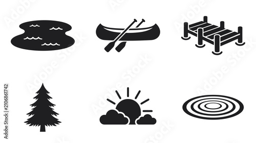 Billede på lærred Nature Icons: Pond, Canoe, Dock, Tree, Sunrise, Ripple - Outdoor Recreation & El