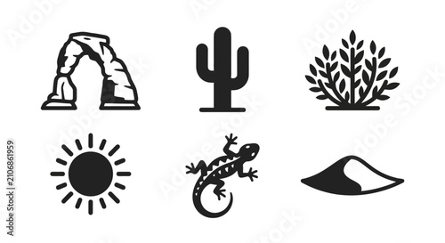 Tableau sur toile Desert Icons: Arch, Cactus, Bush, Sun, Lizard, Sand Dune