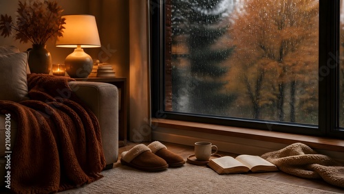 Cozy rainy autumn evening inside with book and warm slippers.