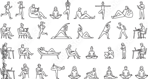 Set of people performing daily activities including working exercising and relaxing in simple line art style
