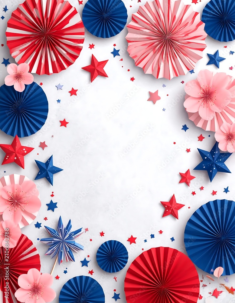 Obraz premium Patriotic Independence Day Background with Red White and Blue Paper Decorations.