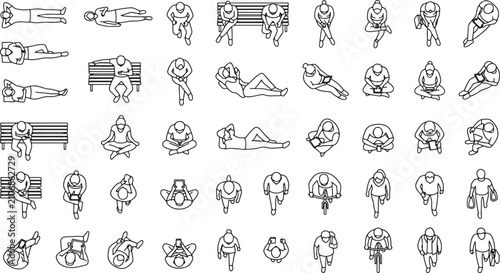 Top view people silhouettes set for architectural site plans and urban design projects in line art style