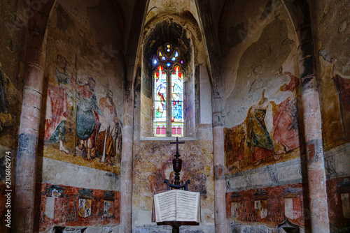 France. Lot. Marcilhac-sur-Célé. View of the Hébrard de Saint-Sulpice chapel within the abbey church of Saint-Pierre in Marcilhac-sur-Célé. The walls retain 15th-century medieval murals