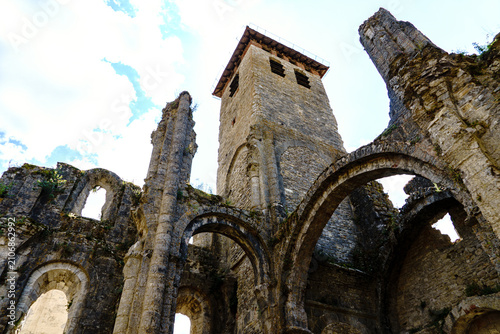 France. Lot. Marcilhac-sur-Célé. The remains of the former Romanesque nave of the Abbey of Saint-Pierre de Marcilhac-sur-Célé open to the sky since the Wars of Religion
