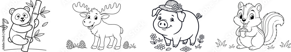 Fototapeta premium Cute Turkey, Alpaca, and Rabbit Coloring Book Pages Black and White Cartoon Animal Outline Vector Set for Children