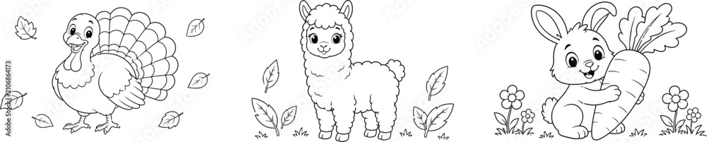 Fototapeta premium Cute Farm and Woodland Animals Coloring Book Pages Set with Turkey Alpaca Rabbit Cow Duck Chick Cat Black and White Line Art Vector Illustration