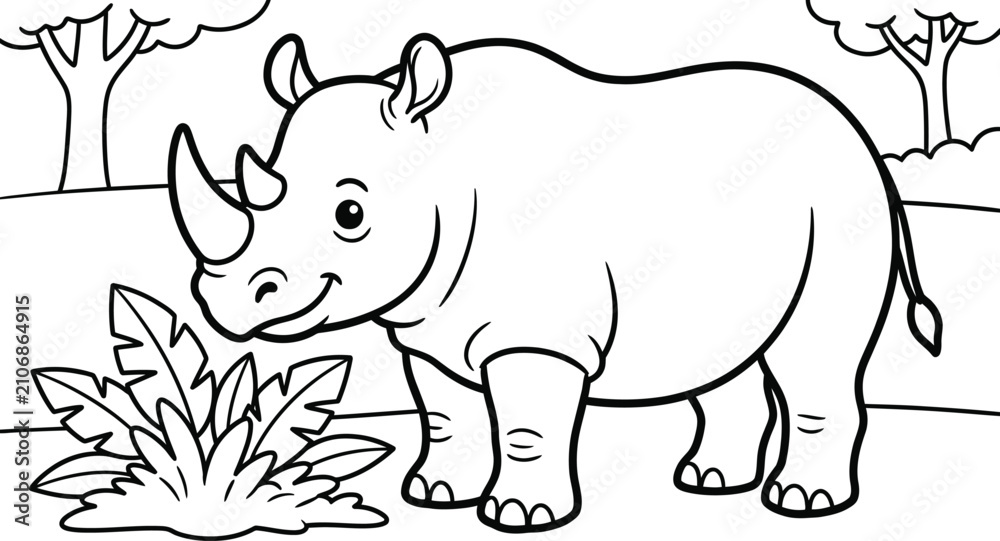 Obraz premium Cute Rhinoceros Standing in Nature Coloring Page for Kids Black and White Outline Illustration