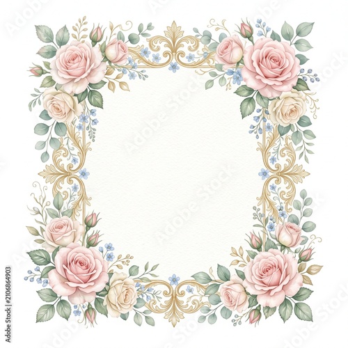 Vintage watercolor floral frame with pink roses, elegant gold baroque border for wedding invitations, romantic botanical flower wreath on white