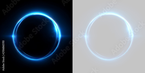 Dynamic blue light ring with lens flare. Abstract circular frame on black and transparent background