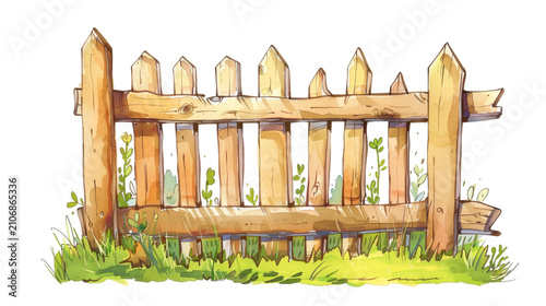 Whimsical Cartoon Wooden Picket Fence with Green Grass and Plants