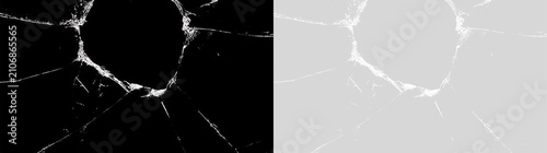 Quadro su tela Broken glass with large hole on black and transparent background