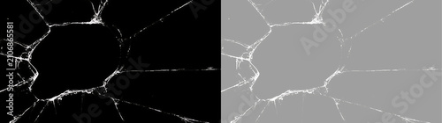 Broken glass texture overlay with central impact hole. Shattered window cracks on black and transparent background