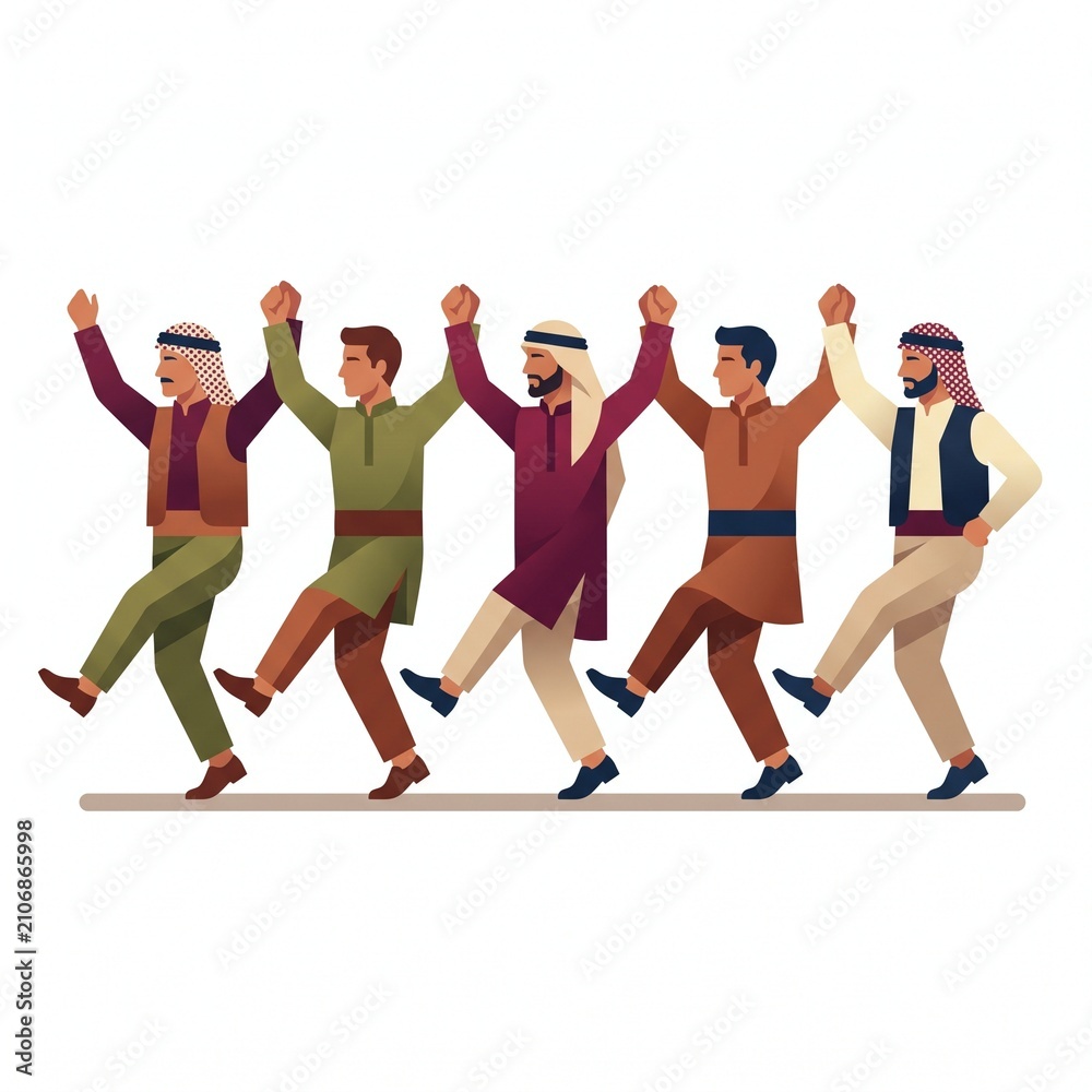 Obraz premium Group of diverse friends performing traditional Middle Eastern Dabke dance. Joyful multicultural team celebrating unity with synchronized folk step...