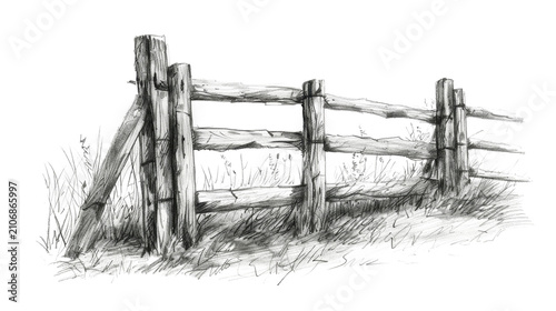 Hand-Drawn Pencil Sketch of Rustic Wooden Fence with Grass