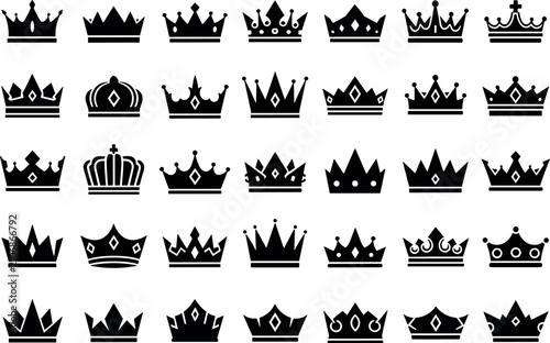 Photography Set of thirty-five diverse black crown silhouettes arranged in a grid, showcasing royalty and power on a clean white background