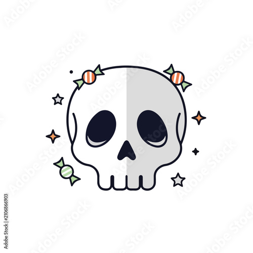 Foto A cute, stylized vector illustration of a human skull surrounded by colorful candies and twinkling stars on a plain white background