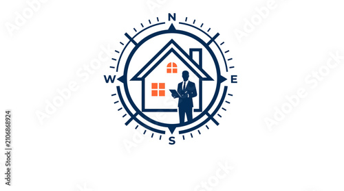Professional Real Estate Consultant Logo Featuring a Silhouette Figure Inside a House Outline and Compass Navigation Design Element