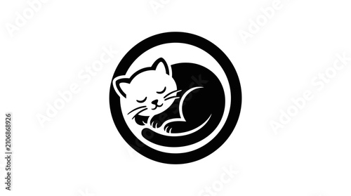 Minimalist black and white vector icon of a cute sleeping cat curled up inside a circle, perfect for pet logos, veterinary branding, or animal shelter designs