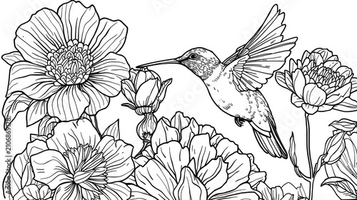 Hummingbird flying near beautiful blooming peony flowers line art