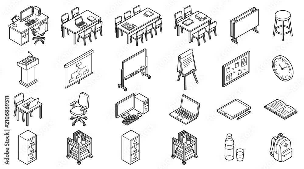 Fototapeta premium Isometric Office and Classroom Furniture Line Icon Set