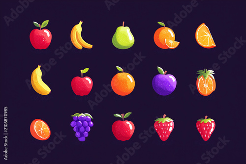 Diverse collection of colorful fruit icons on dark background